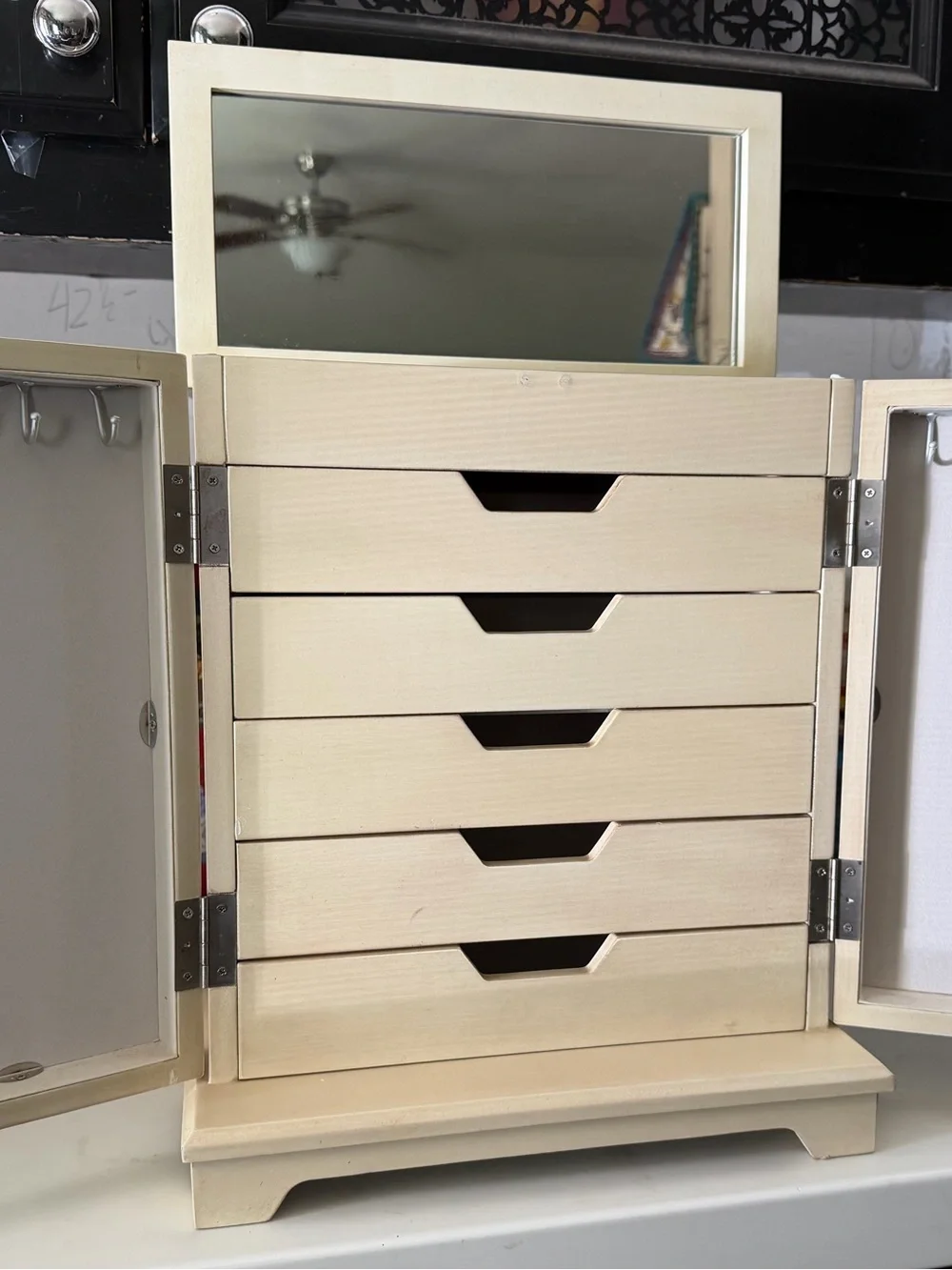 Wooden 5-Drawer Jewelry Organizer Cabinet with Mirror - Cream